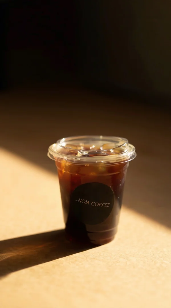 Noia Coffee iced coffee cup caught in golden hour light